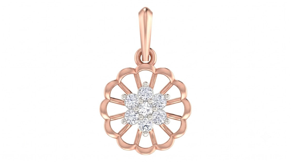 Rose gold pendant with diamond center on a white background