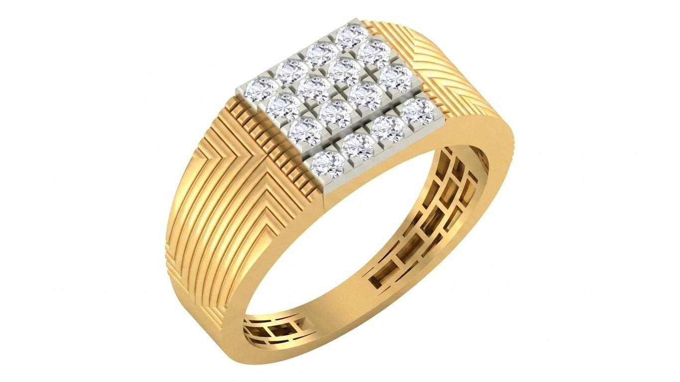 A men's yellow gold ring with a square-shaped diamond cluster setting on the face, shown on a plain white background.