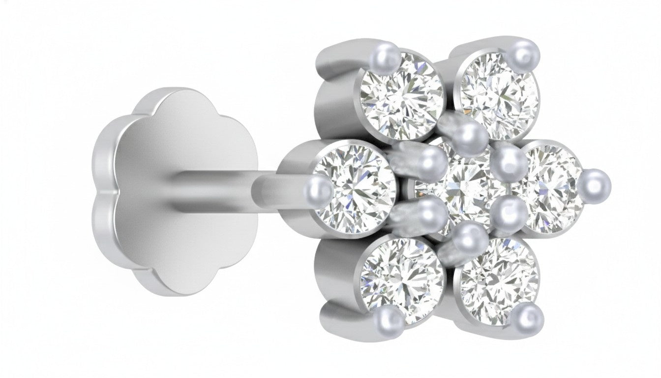 white gold and diamond stud nose pin with diamonds on a white  background