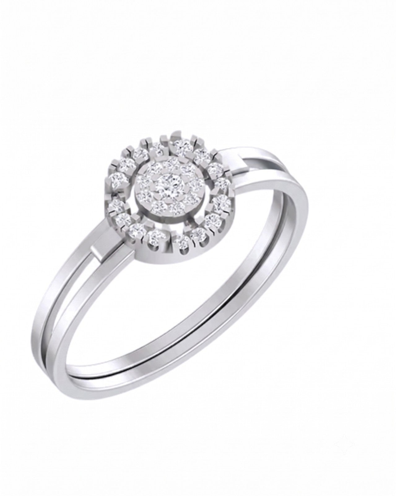 Two-tone white gold and diamond ring with diamond accents on a white background