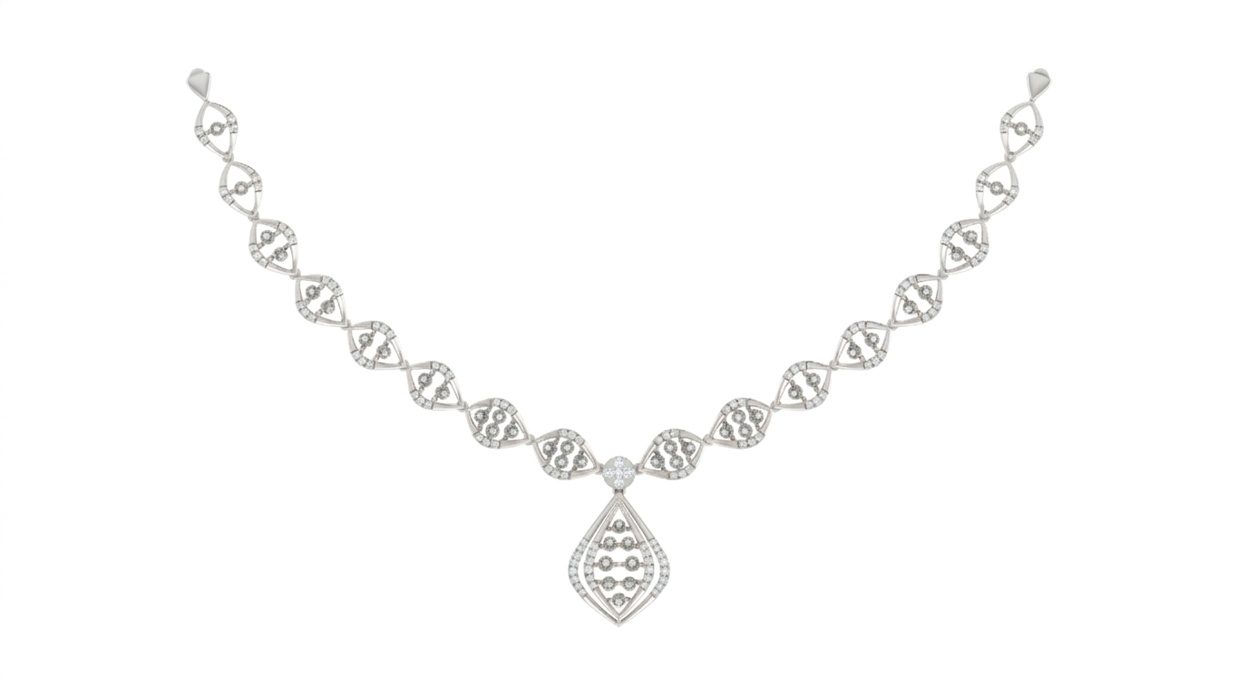 White gold and diamond necklace with diamond-like stones on a white background