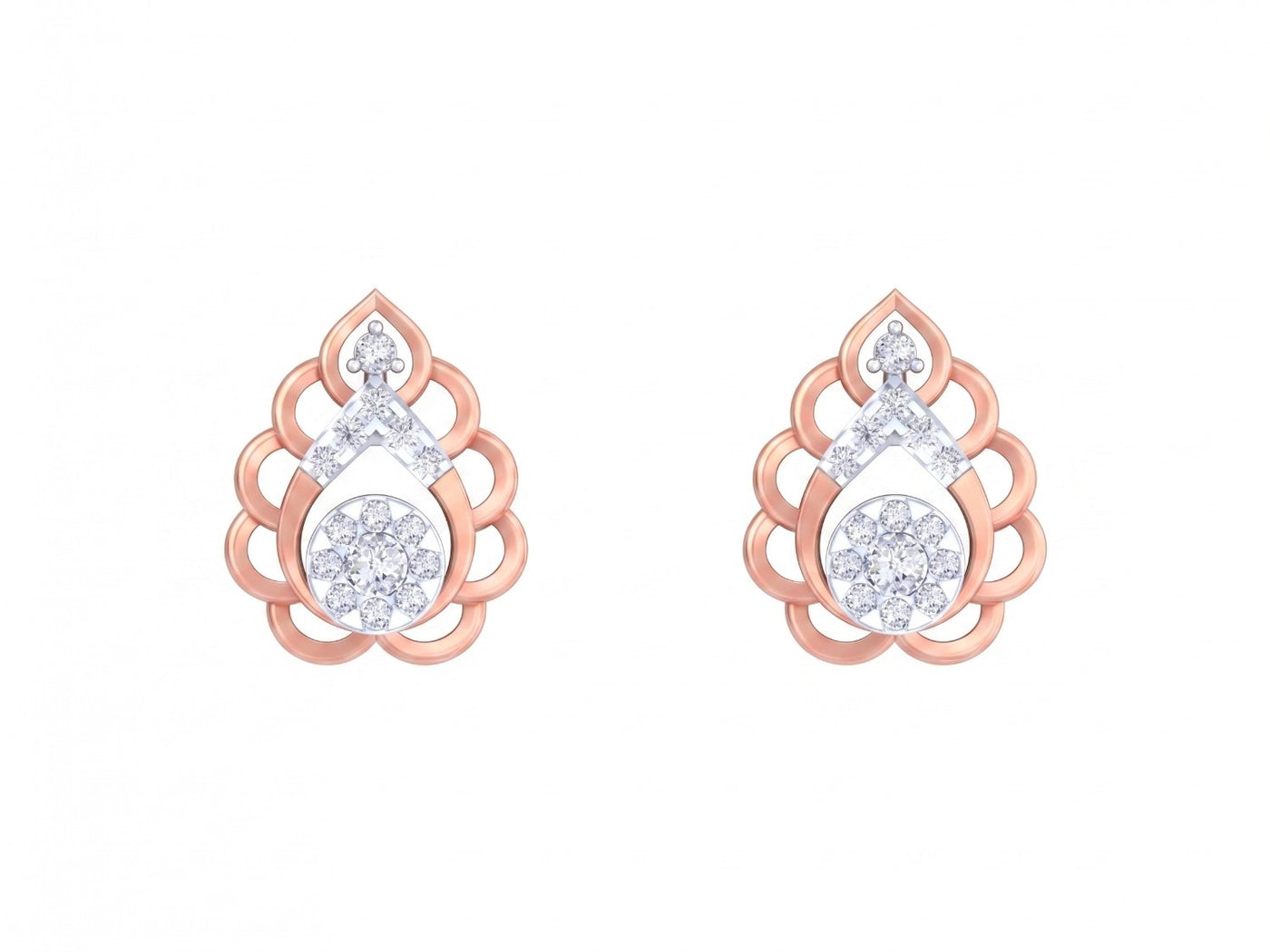 Rsoe gold and diamond stud earring with teardrop-design on a white background.