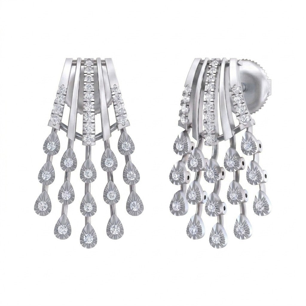 A pair of white gold earrings with multiple teardrop-shaped diamond earring.