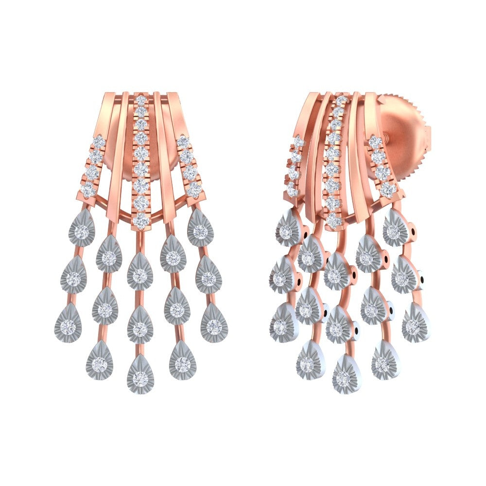 A pair of rose gold earrings with multiple teardrop-shaped diamond earring.