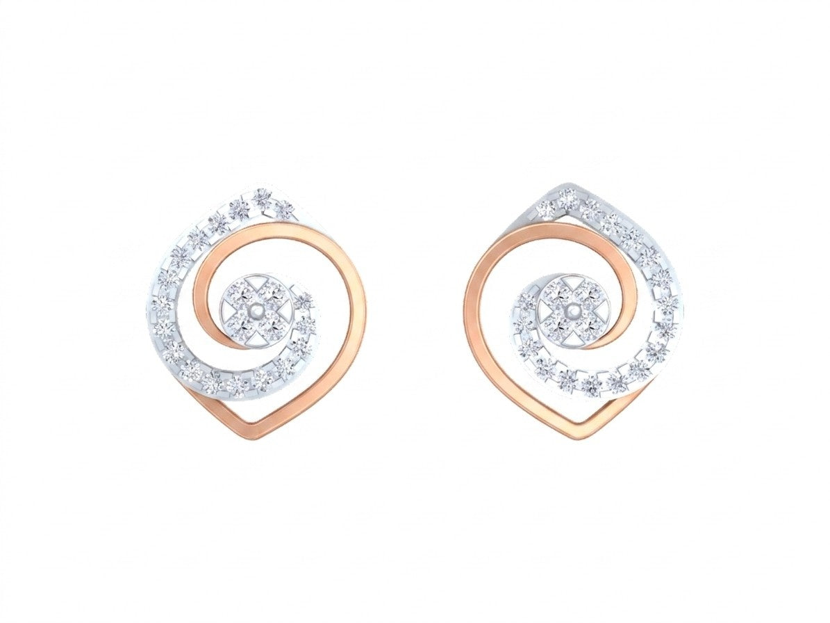 Pair of rose gold and diamond spiral earrings on a white background.