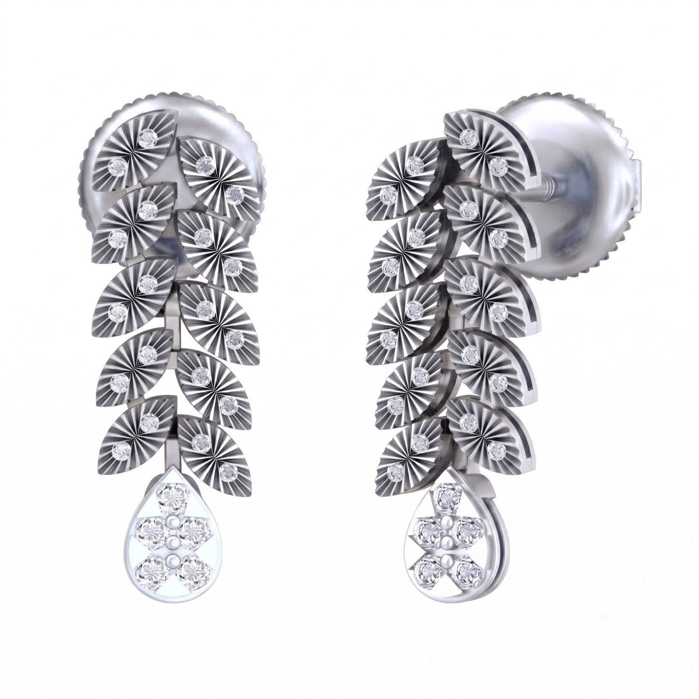 A pair of white gold and diamond dangler earrings with a  leaf design, shown against a plain white background.