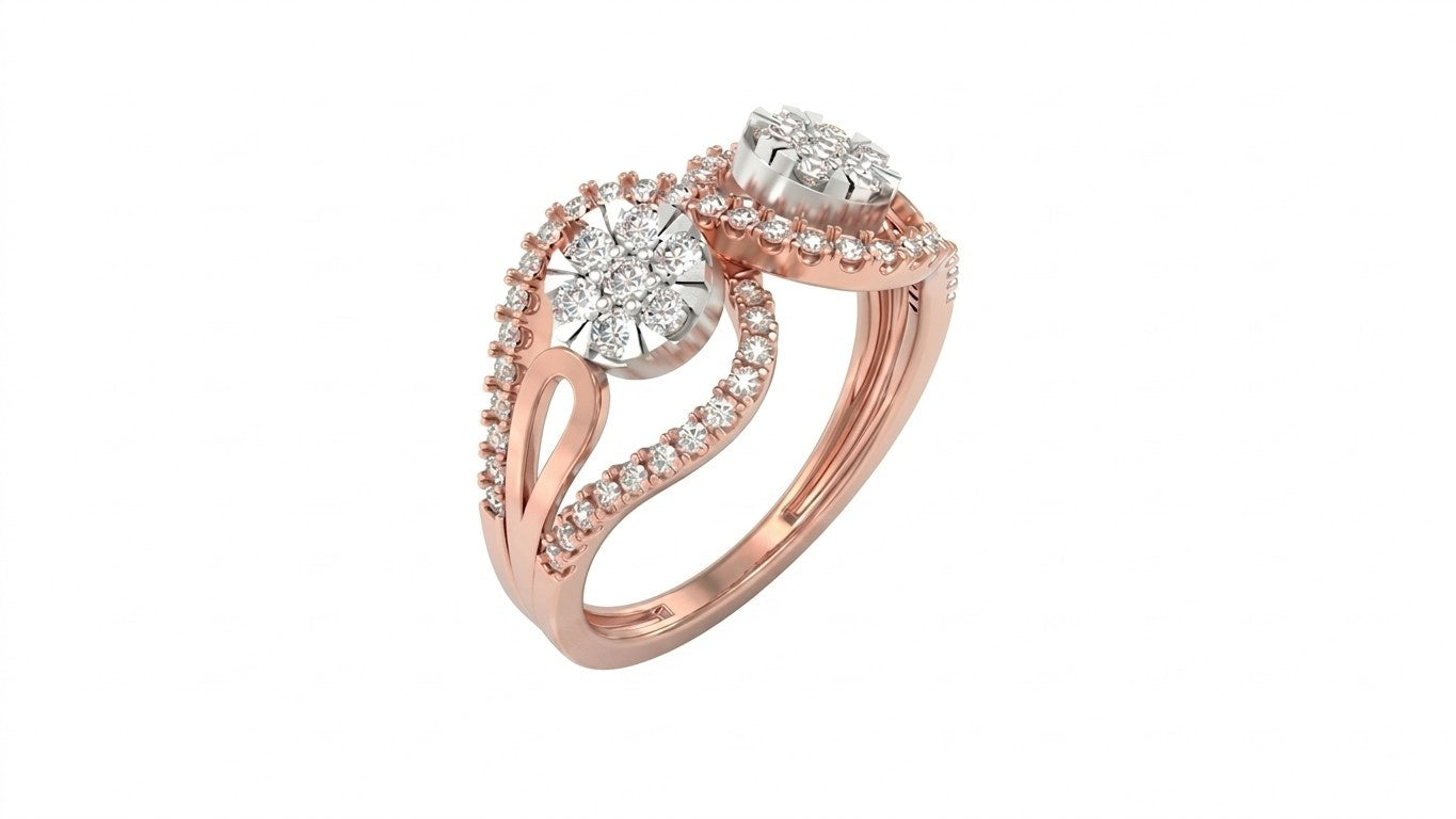 A rose gold and diamond featuring two round diamond clusters, shown on a plain white background.