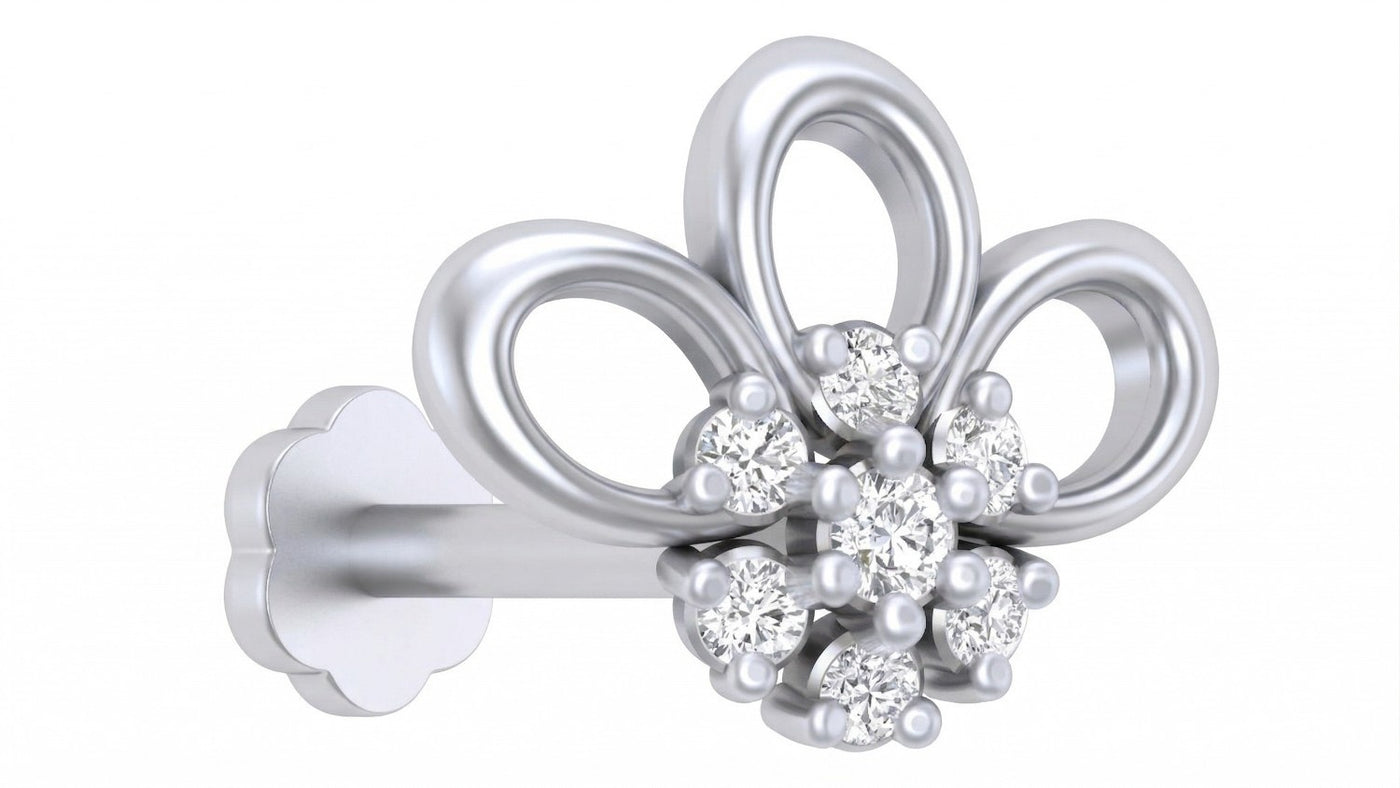 White gold and diamond stud nose pin with embedded diamonds on a white background