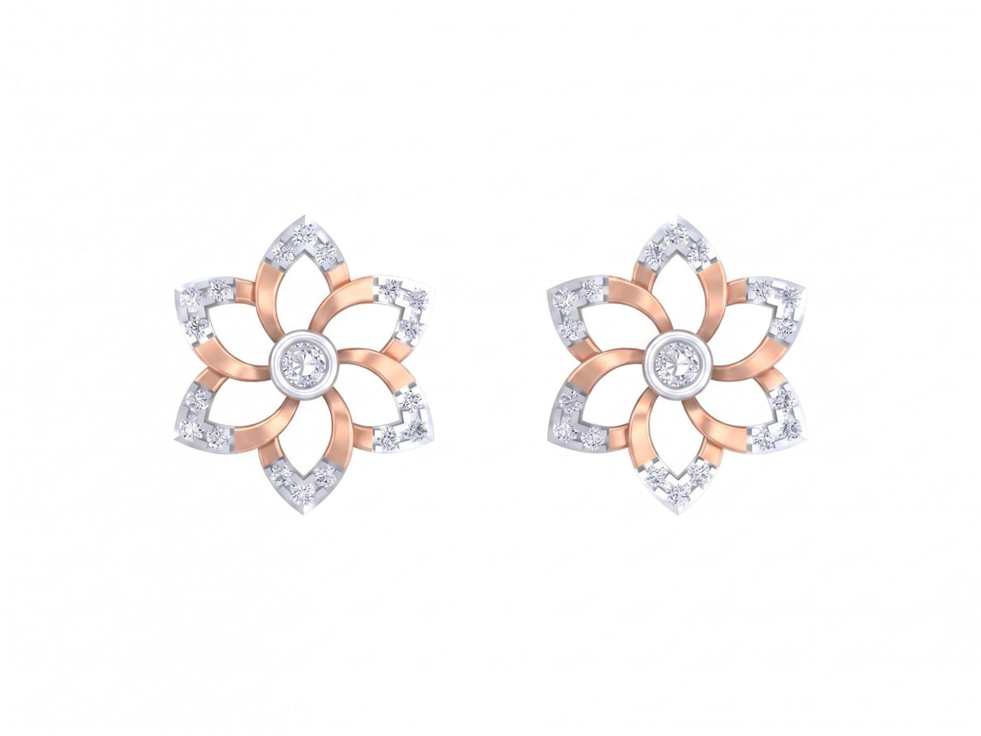 Rose gold and diamond stud earring with floral-design on a white background.