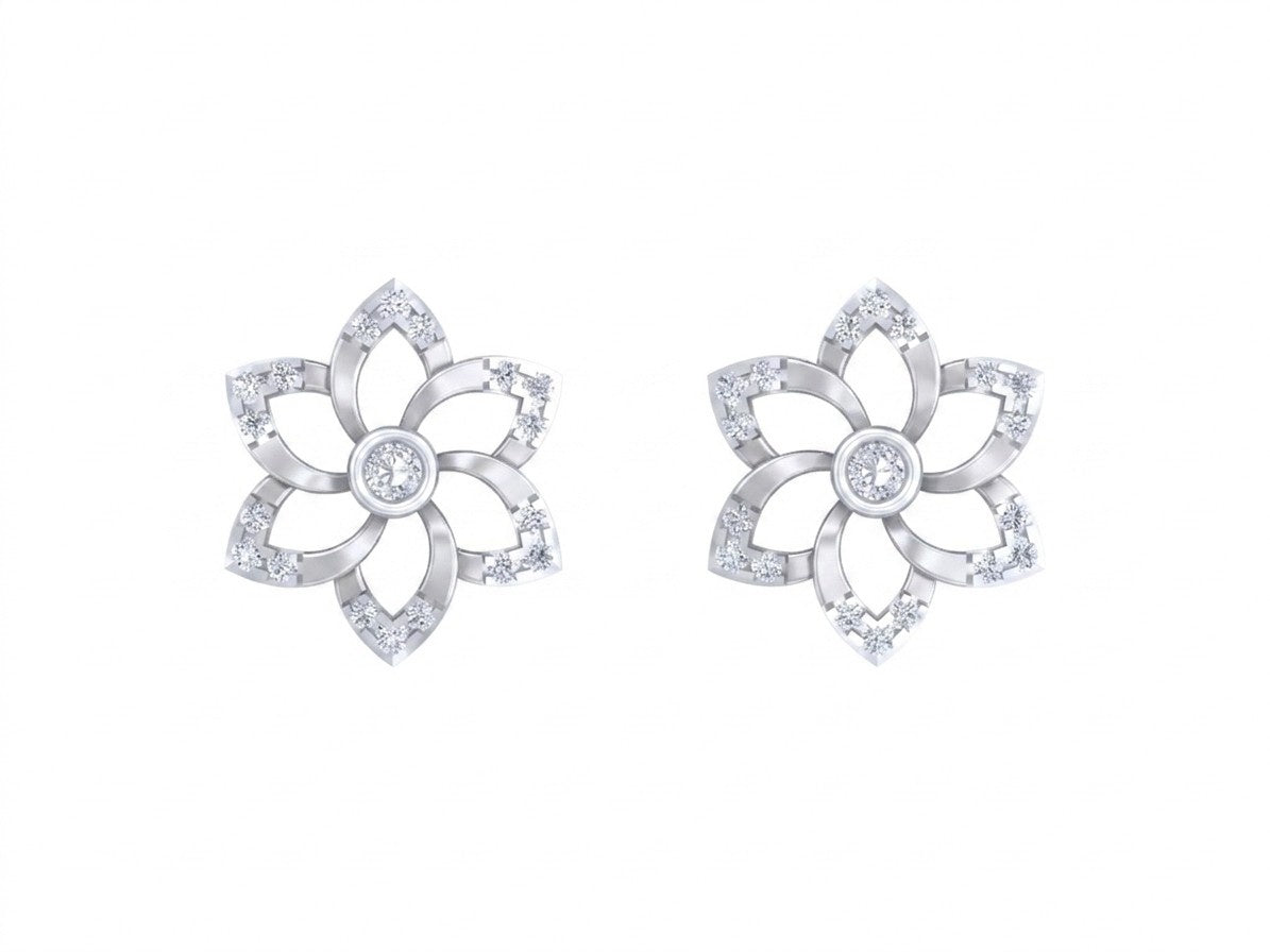 White gold and diamond stud earring with floral-design on a white background.