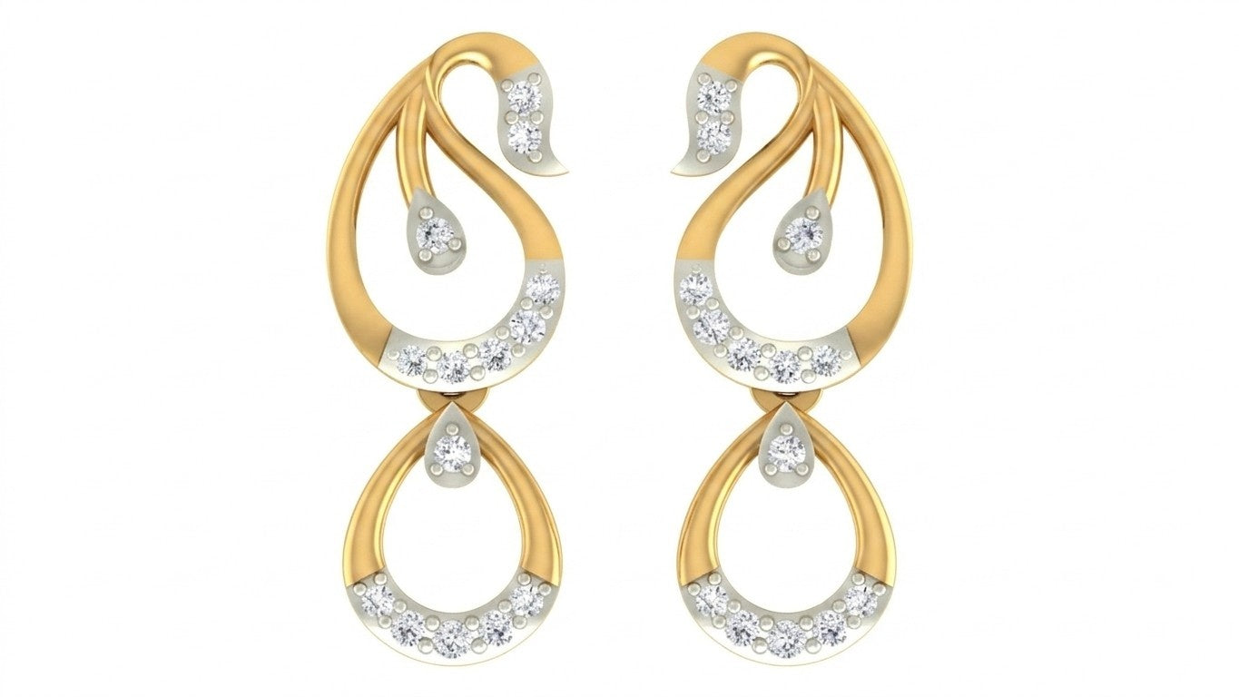 Yellow gold and diamond drop earrings on a white background.