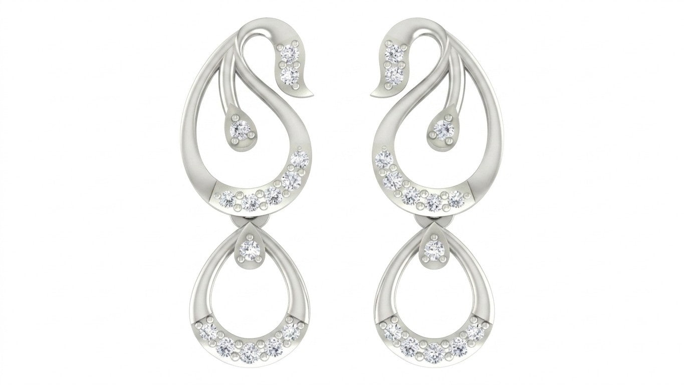 White gold and diamond drop earrings on a white background.