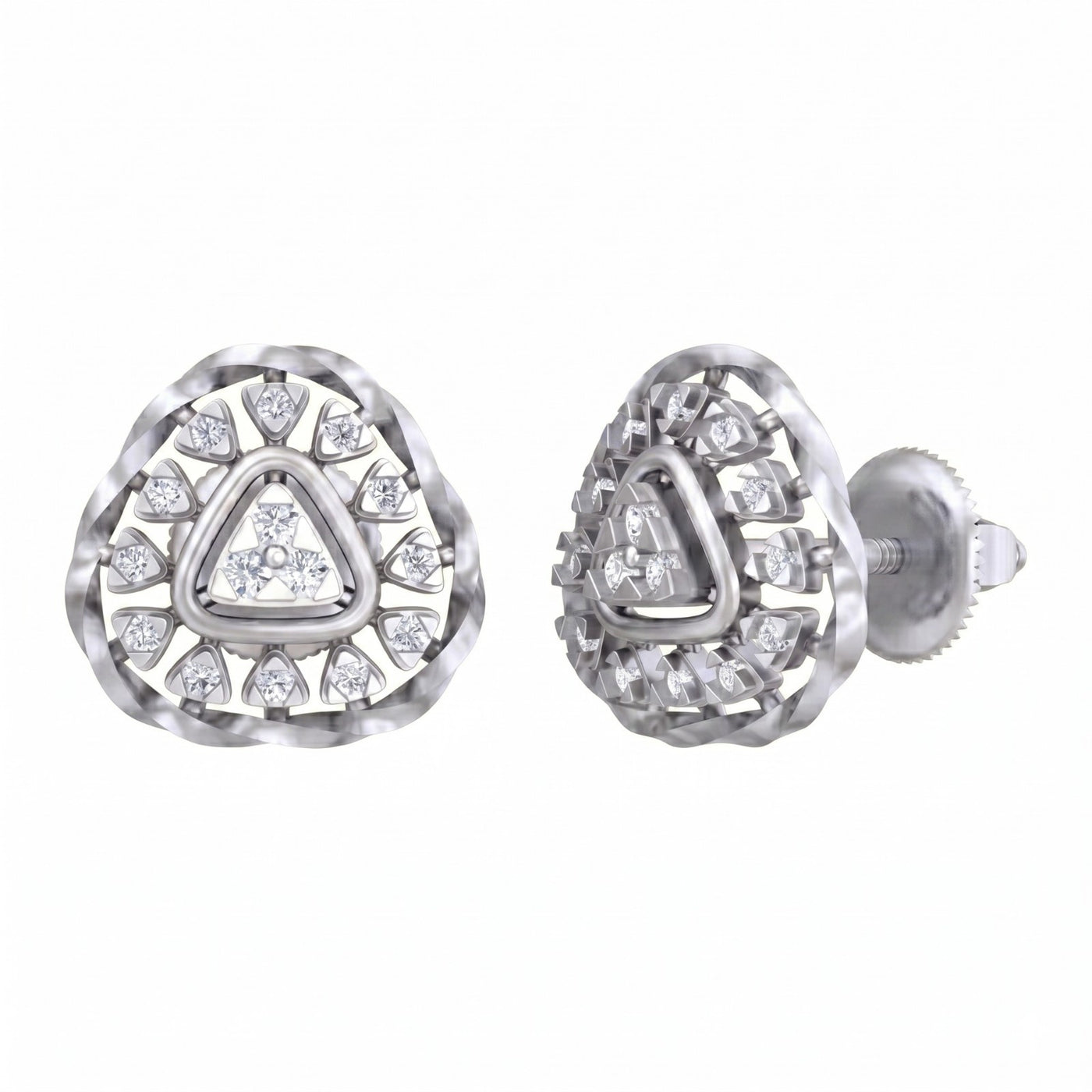 White gold and diamond stud earring on a white background.