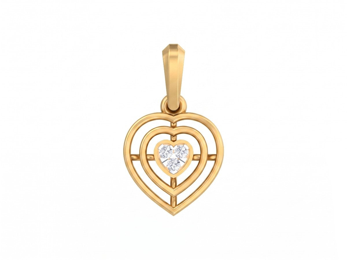 Gold heart-shaped pendant with a diamond on a white background