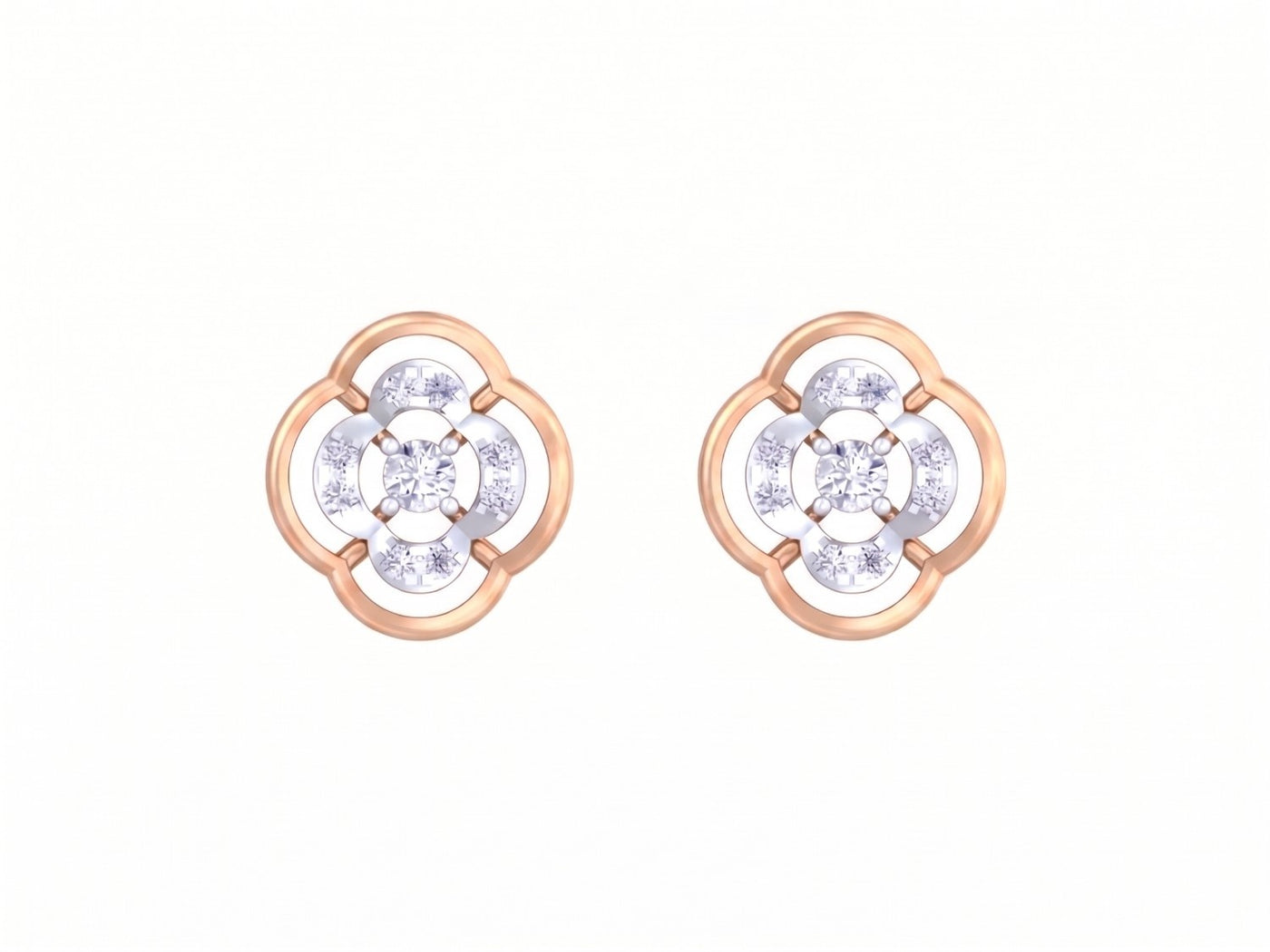 Rose gold and diamond floral stud earrings on a white background
