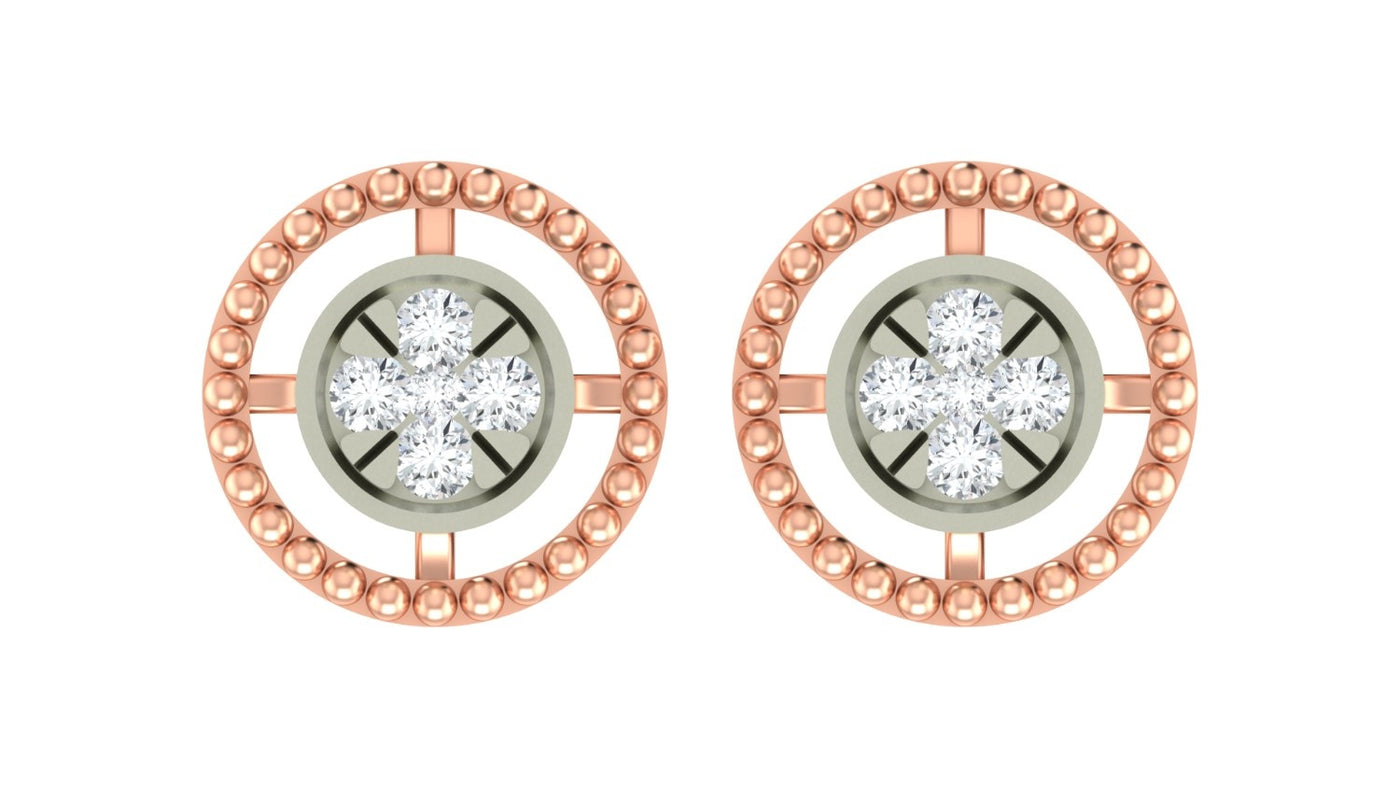 A pair of rose gold and diamond round-shaped earrings on a white background
