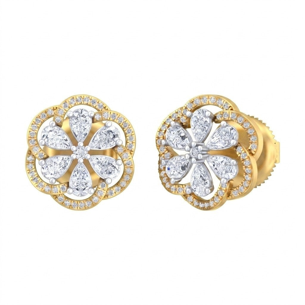 A pair of yellow gold earrings with diamond accents, featuring a floral design.
