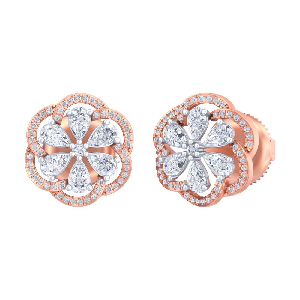 A pair of rose gold earrings with diamond accents, featuring a floral design.