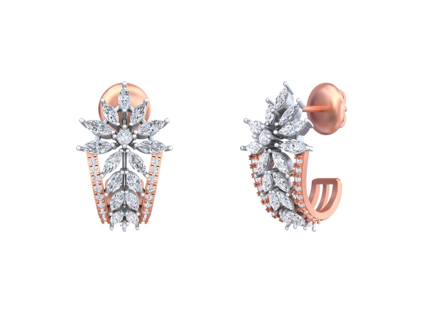 Rose gold and diamond earrings on a white background

