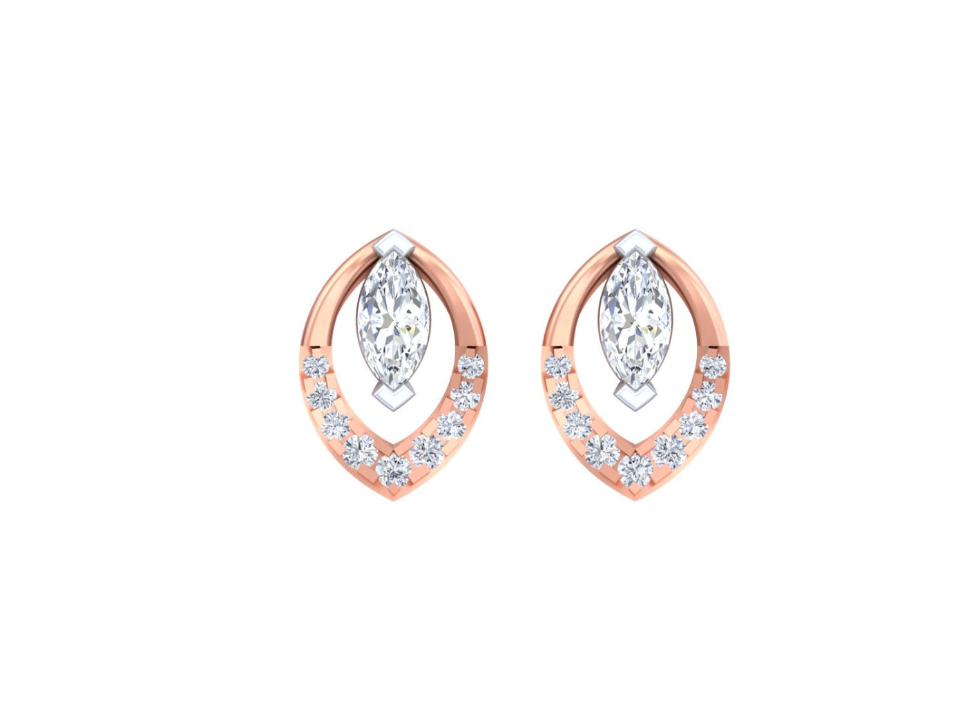 Pair of rose gold and diamond stud  Marquise-design on a white background