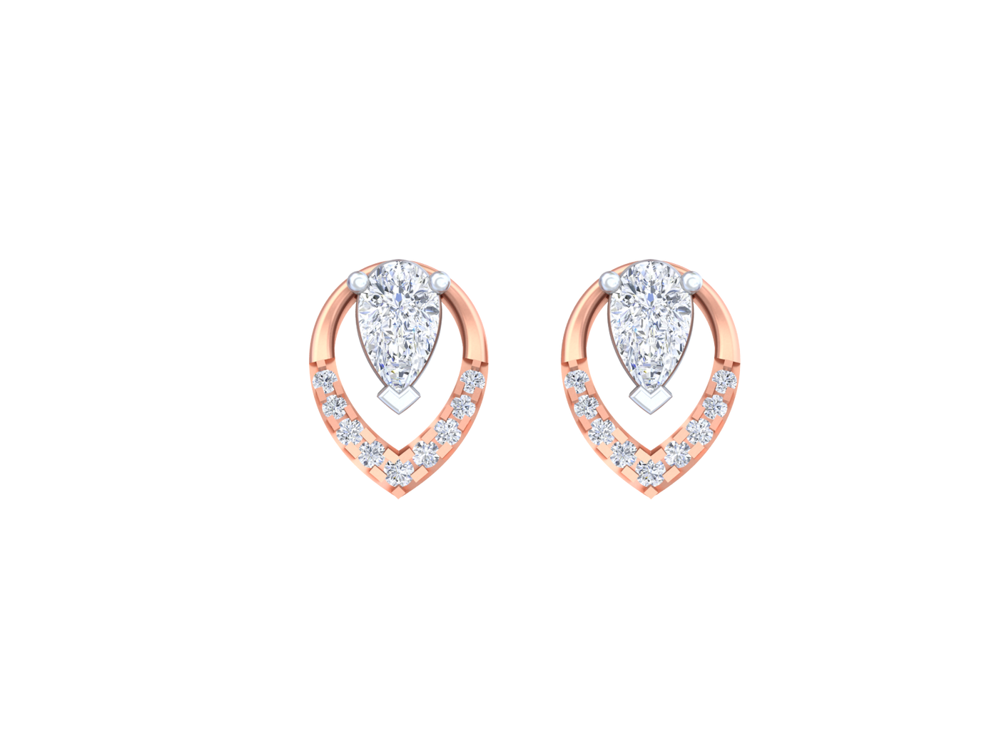 Rose gold earrings with heart-shaped designs on a white background