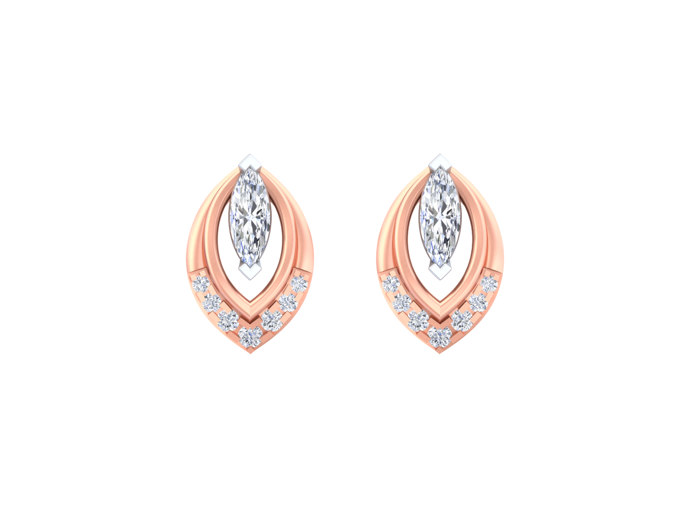 Rose gold and diamond earrings with clear gemstones on a white background