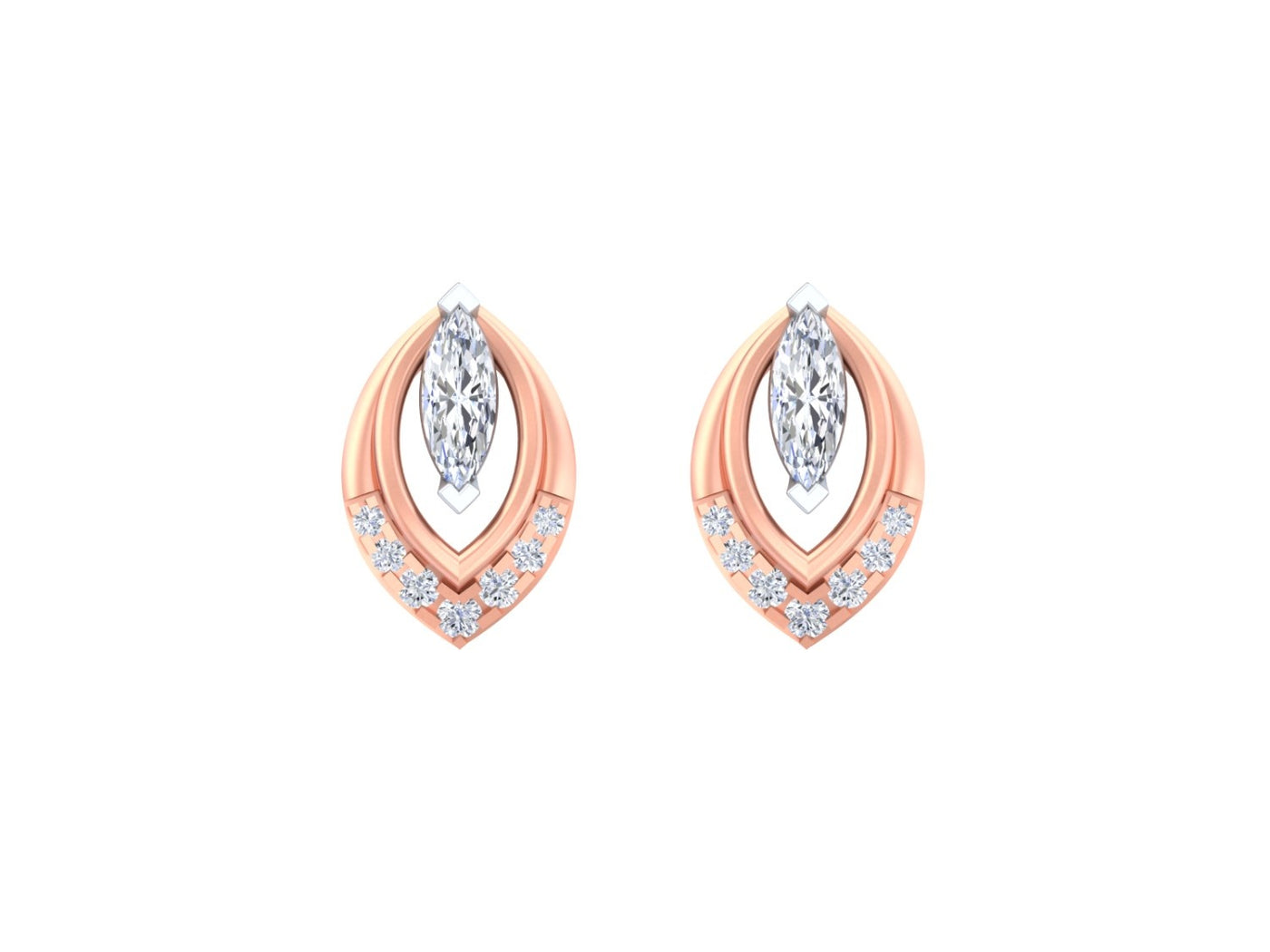 Rose gold and diamond stud earrings with marquise-design on a white background