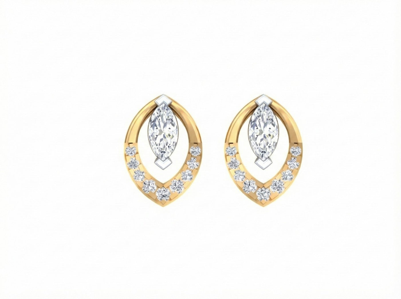 Pair of yellow gold and diamond stud earrings with Marquise-design on a white background