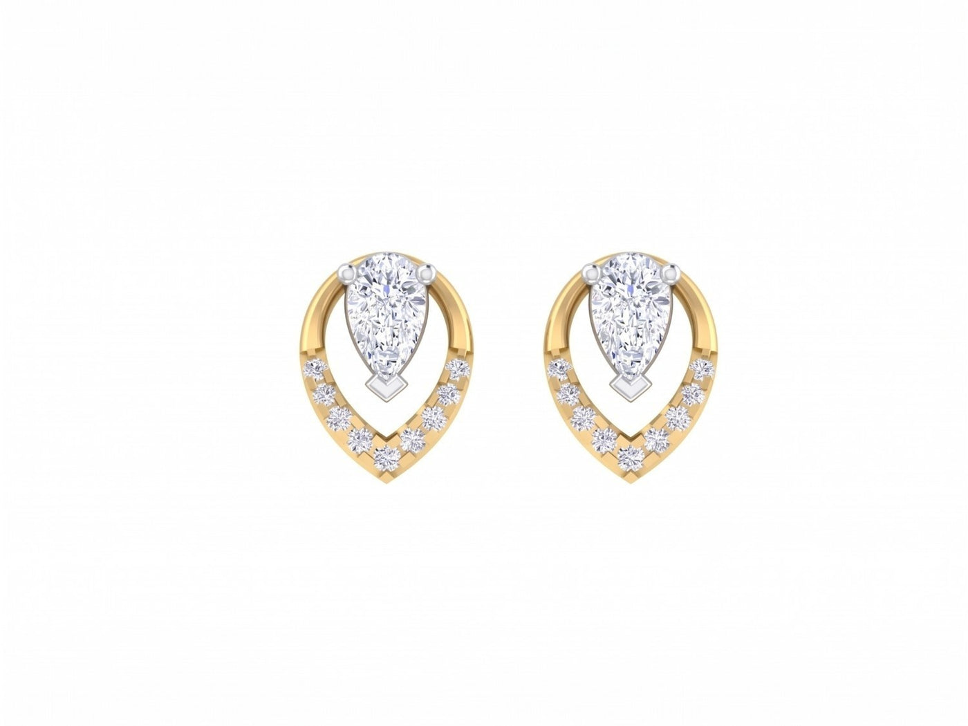 Pair of yellow gold and diamond earrings on a white background