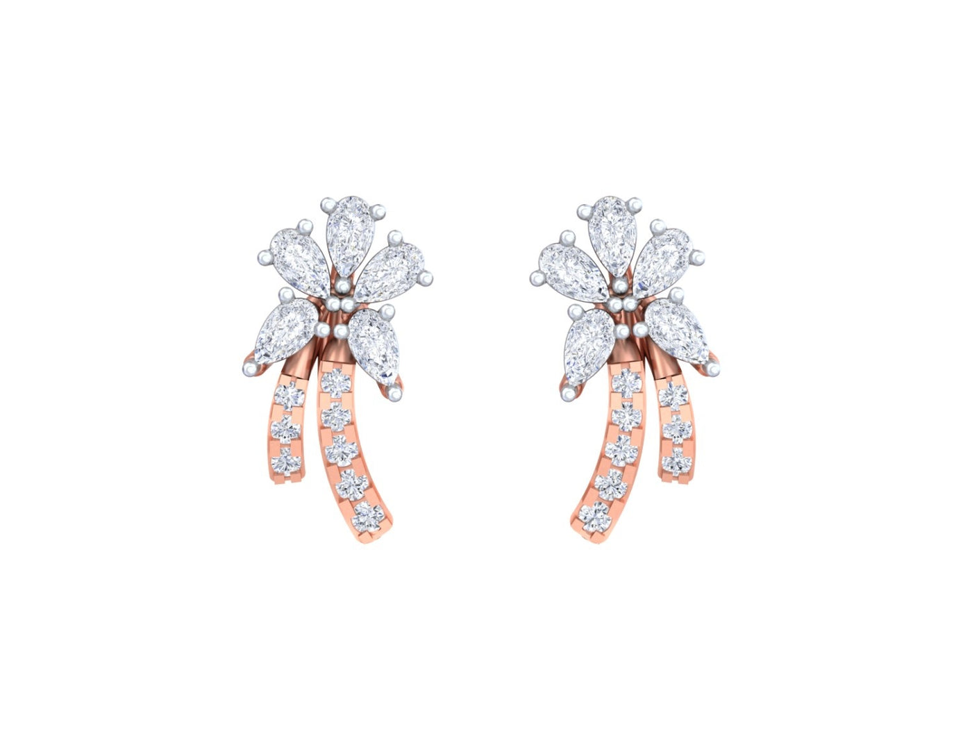 Rose gold and diamond stud earring with floral-design on a white background.