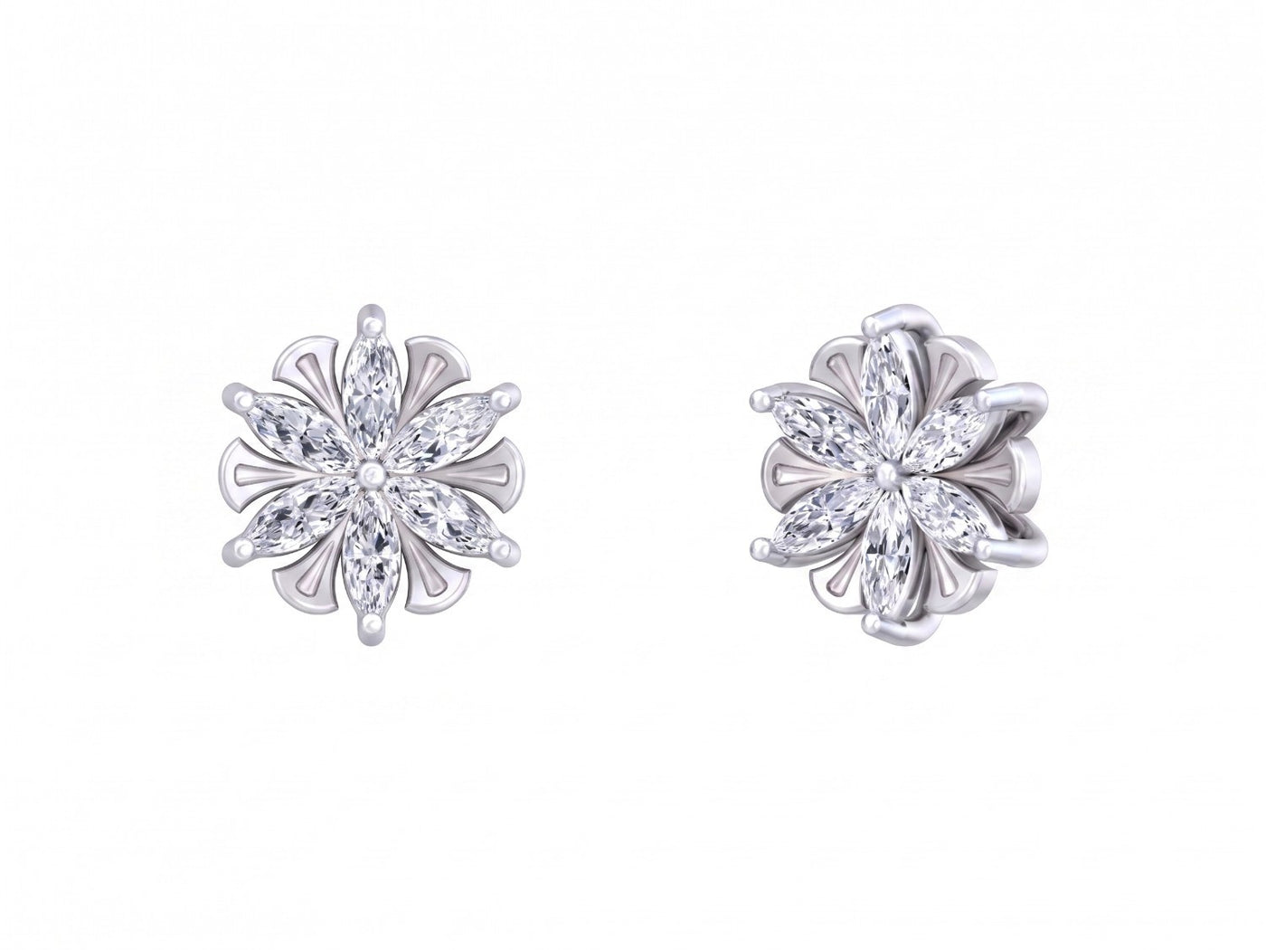 Pair of white gold and diamond floral-shaped stud earrings on a white background
