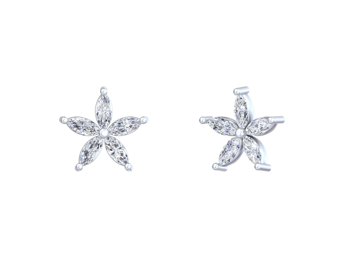 A pair of white gold flower-shaped stud earrings with marquise-cut diamond, shown on a plain white background.