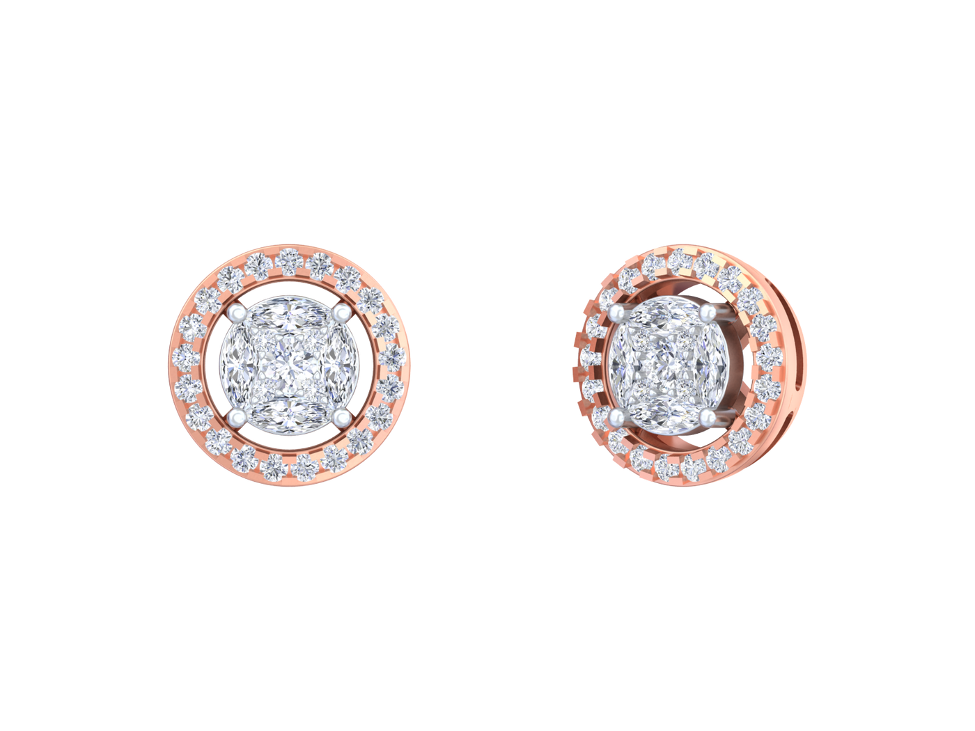 Rose gold earrings with clear gemstones on a white background