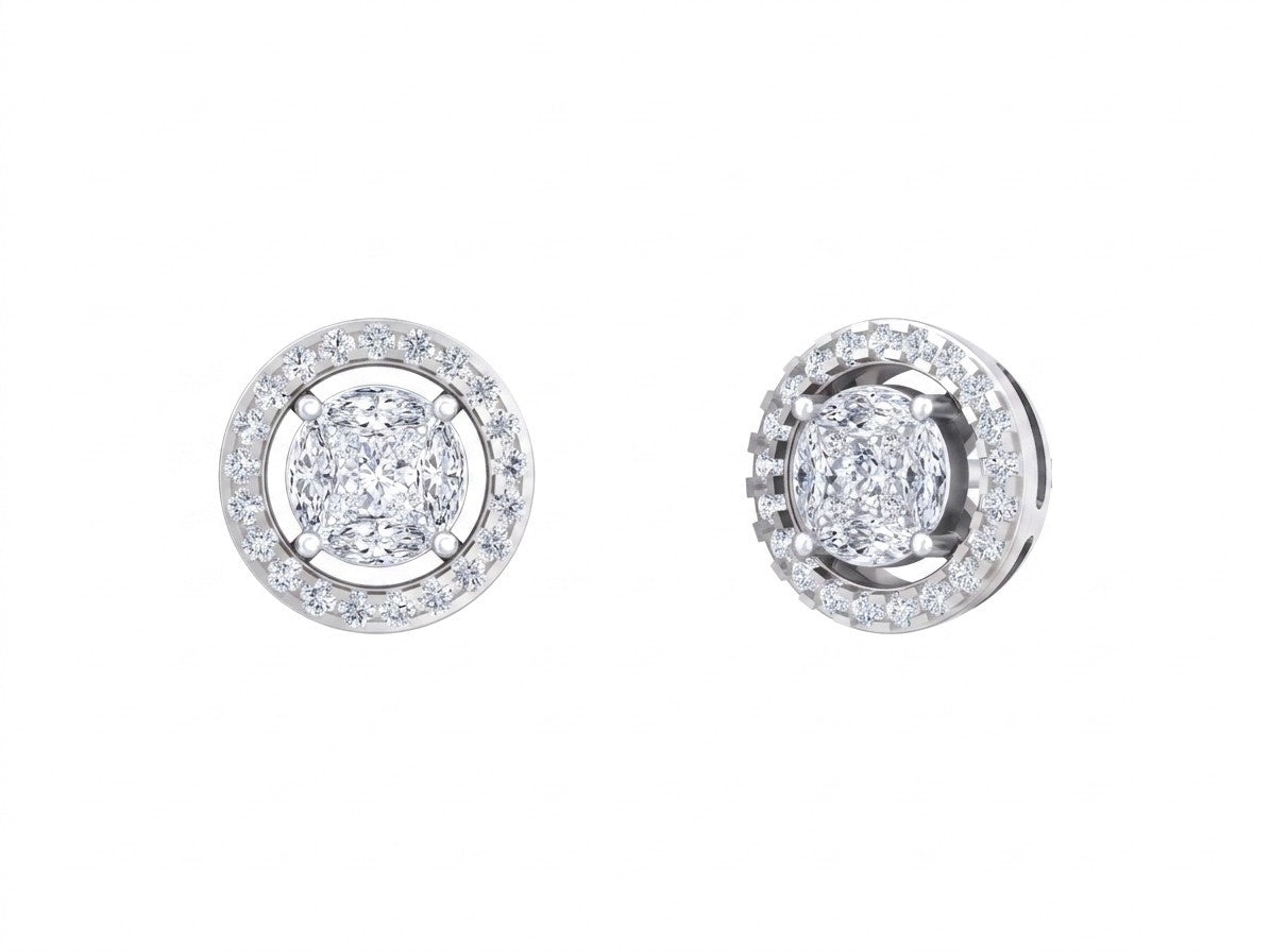 A pair of white gold and diamond stud earrings, displaying the front and side views of the circular halo design.