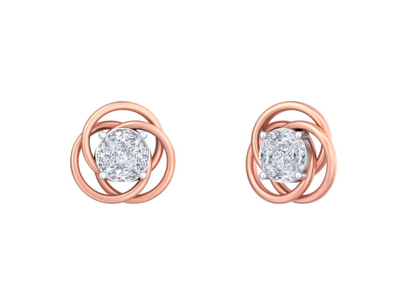 Pair of rose gold and diamond floral-shaped stud earrings with center diamond on a white background.
