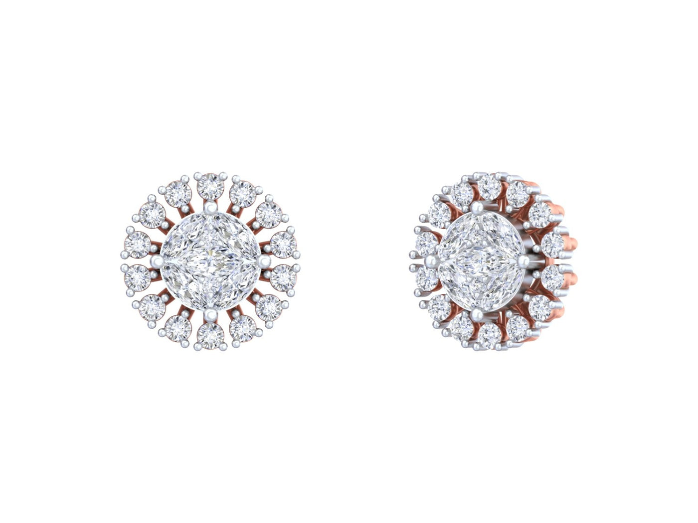 Gold and diamond halo women stud earrings with round center diamond and diamond halo in rose gold.