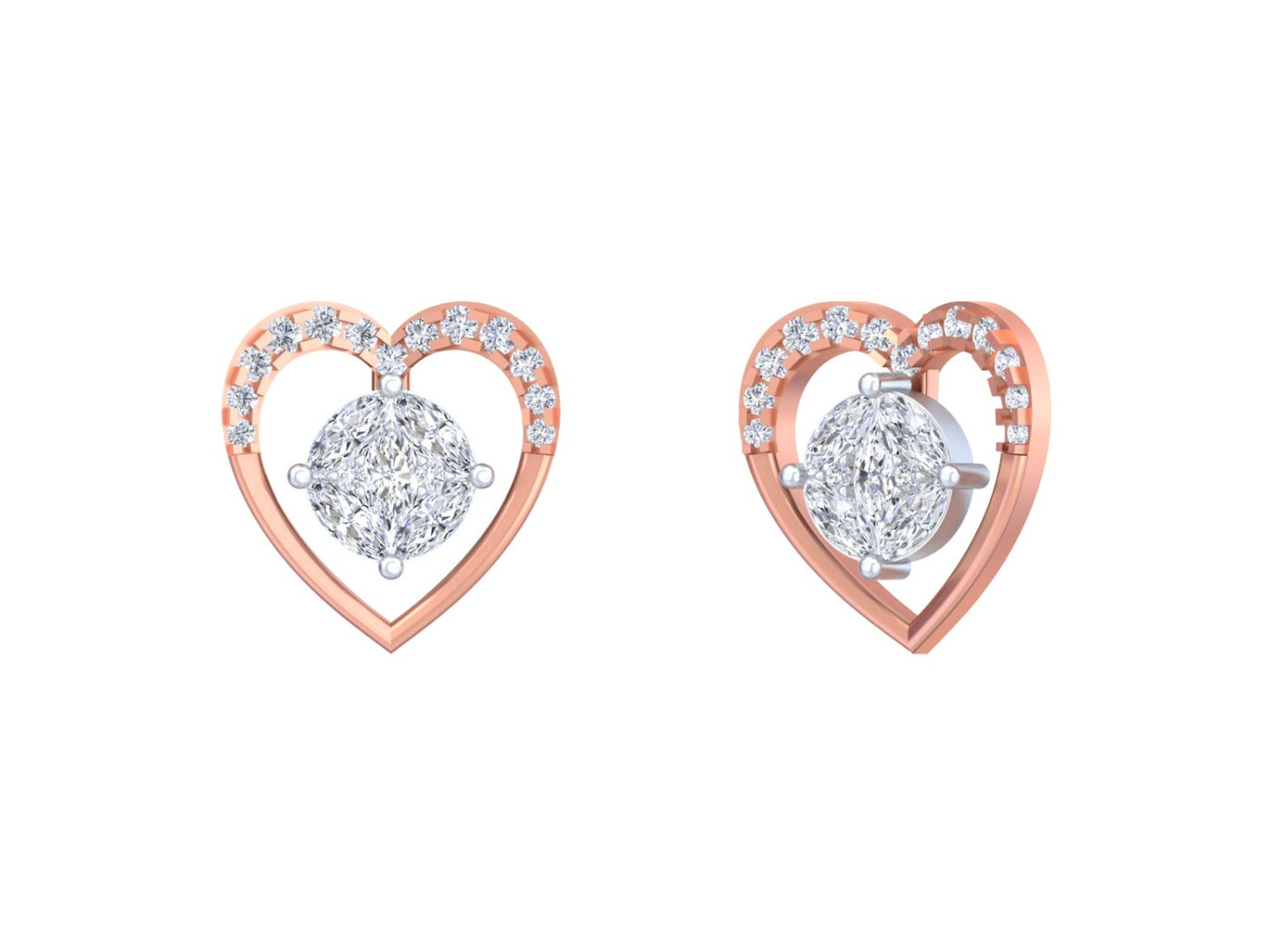 Heart-shaped earrings with rose gold frames and diamond on a white background.