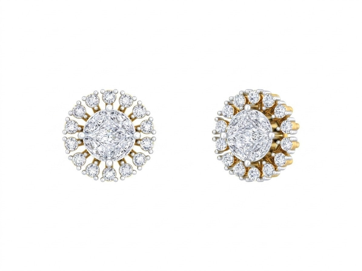 Gold and diamond halo women stud earrings with round center diamond and diamond halo in yellow gold.