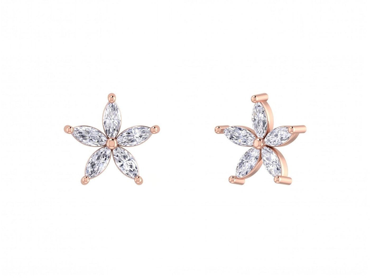 A pair of rose gold flower-shaped stud earrings with marquise-cut diamond, shown on a plain white background.