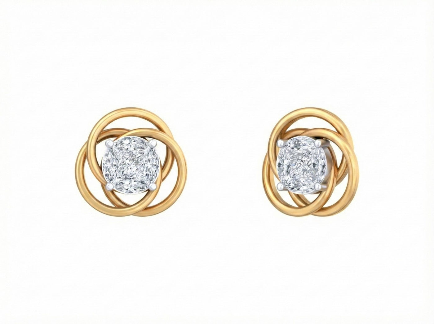 Pair of yellow gold and diamond floral-shaped stud earrings with center diamond on a white background.