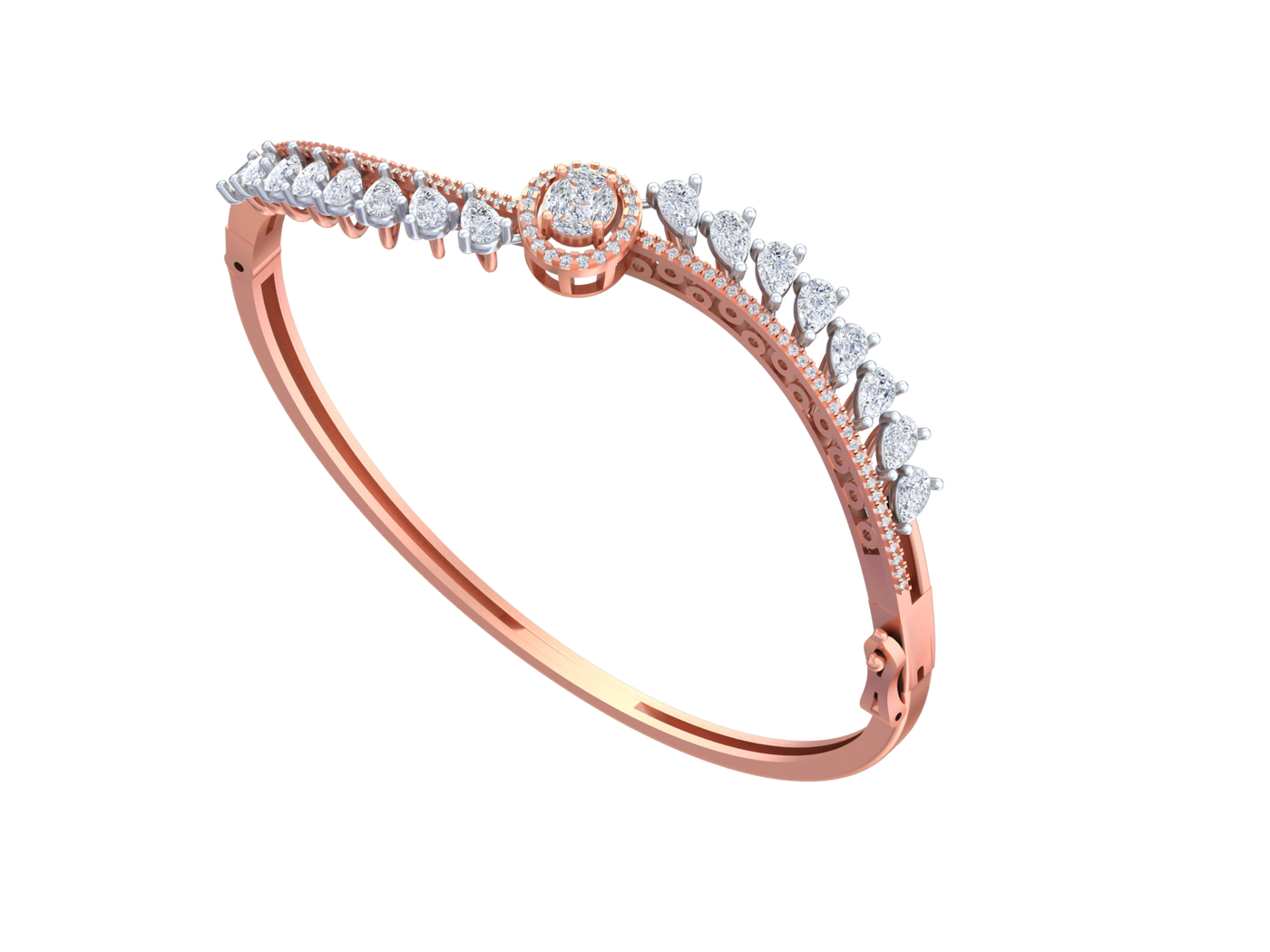 Rose gold bangle bracelet with round halo diamond centerpiece and pear-cut diamond accents.