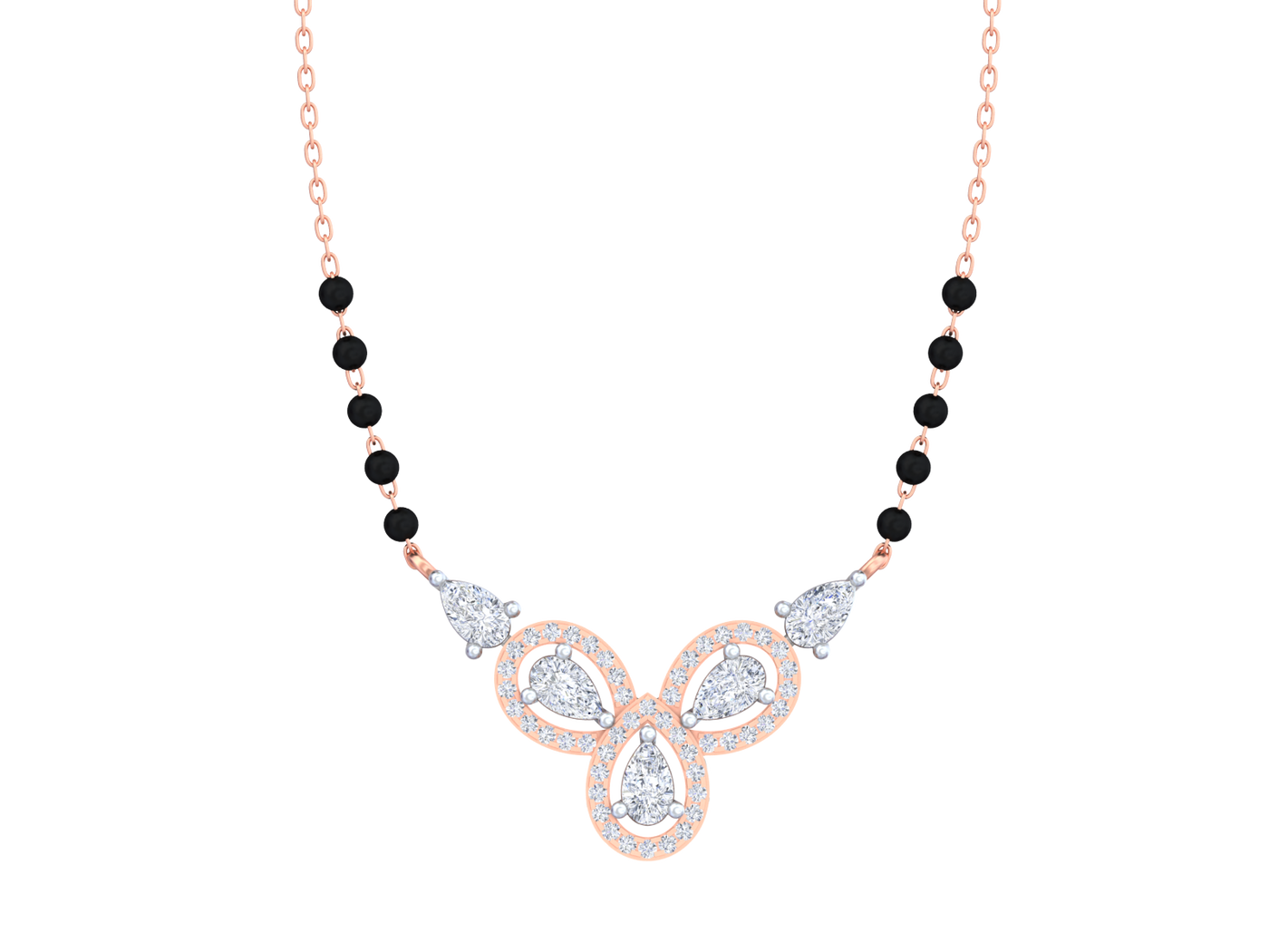 Rose gold mangalsutra with black beads and butterfly-shaped on a white background