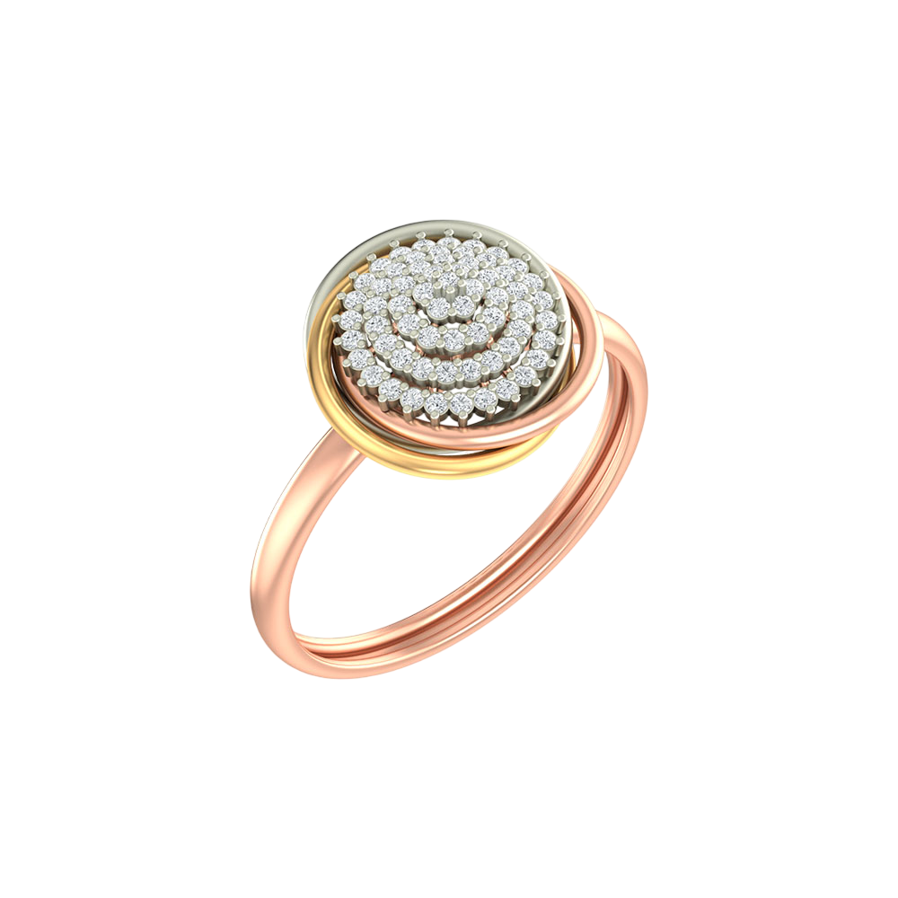 Two-tone gold and rose gold ring with diamond-studded center on a white background