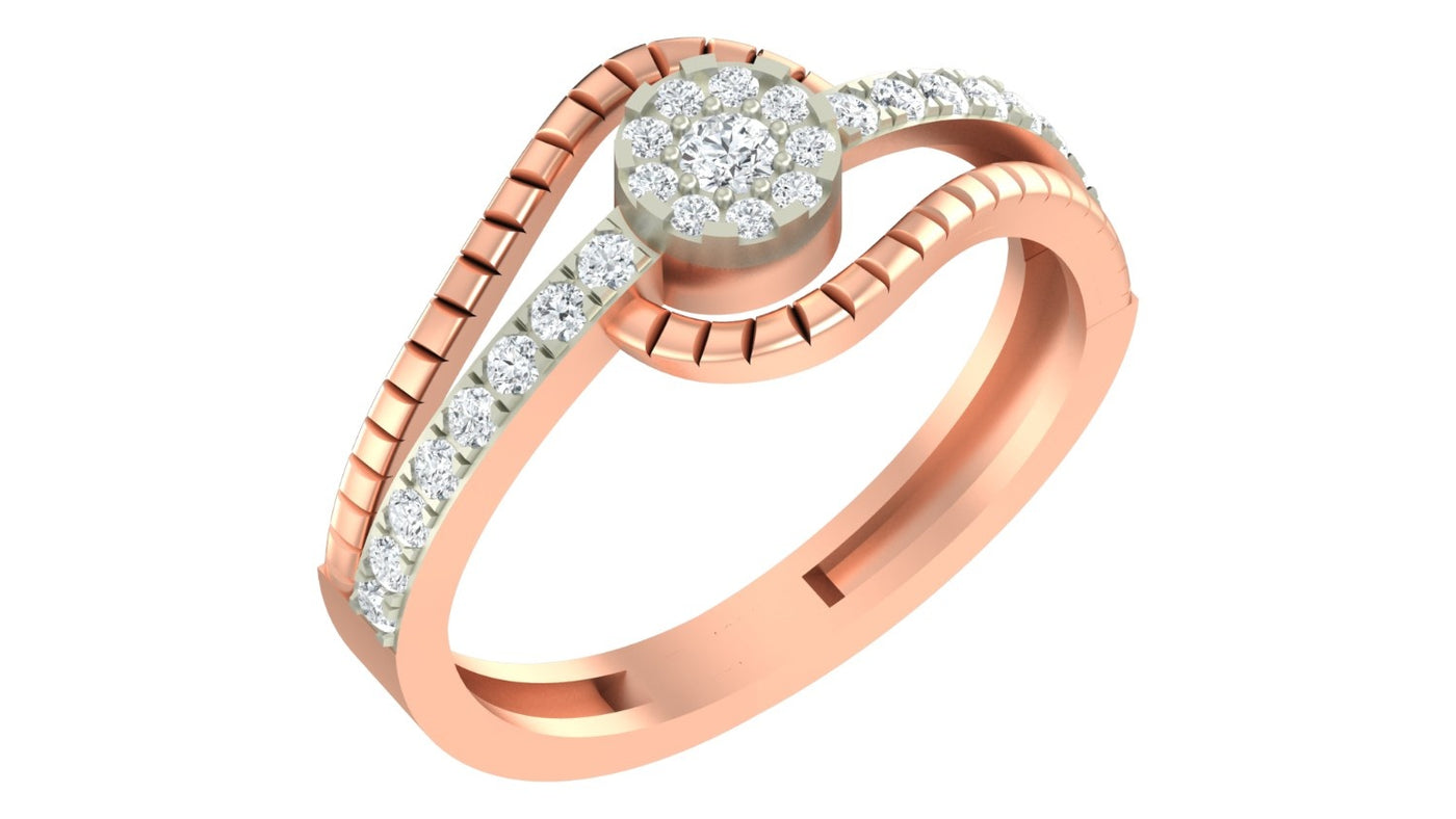 Rose gold  ring with diamond accents on a white background
