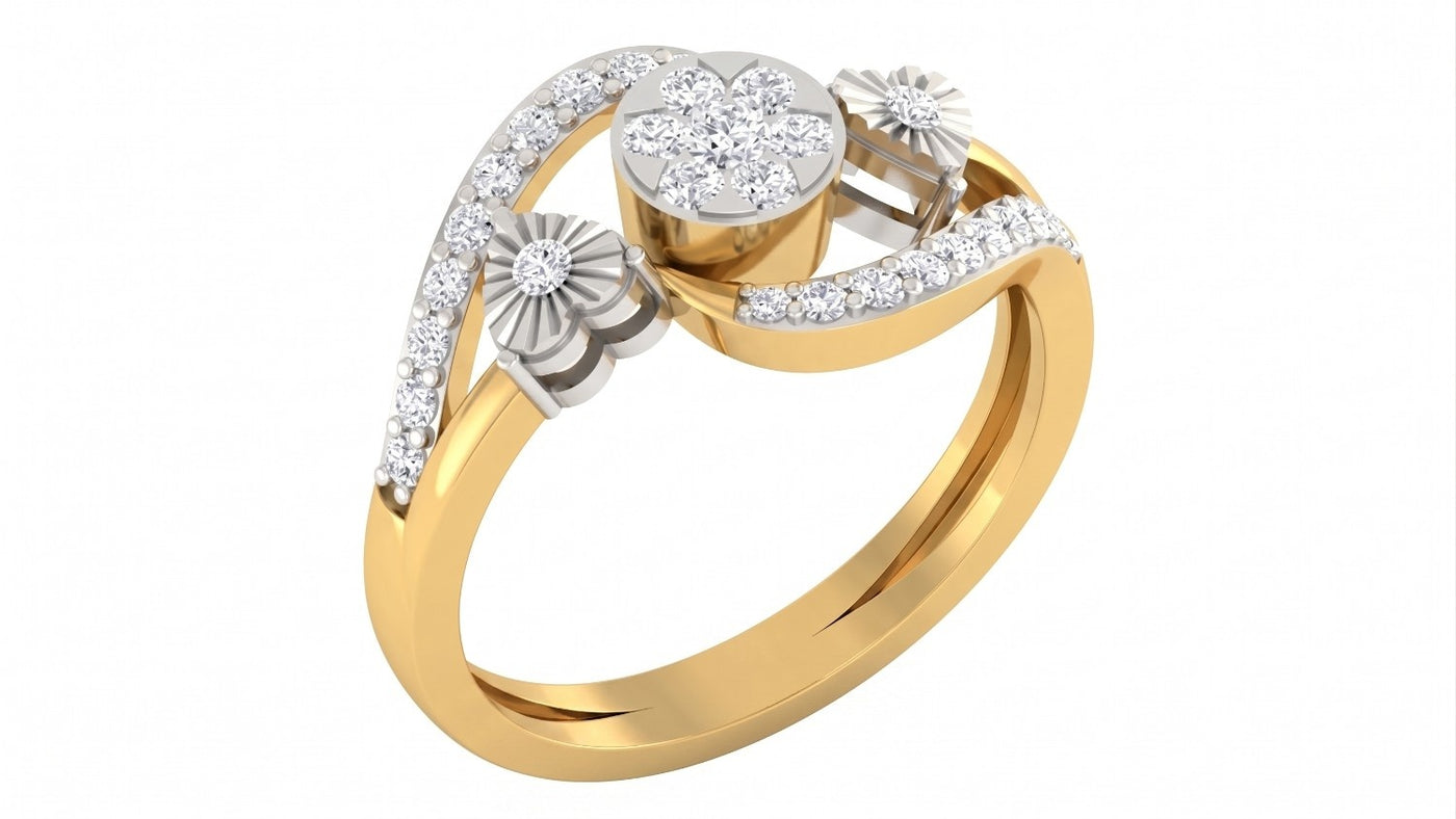 A yellow gold ring featuring a cluster design, shown on a plain white background.
