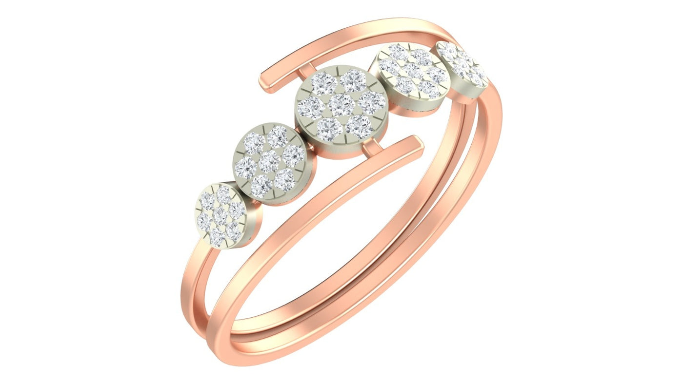 Rose gold ring with diamond accents on a white background