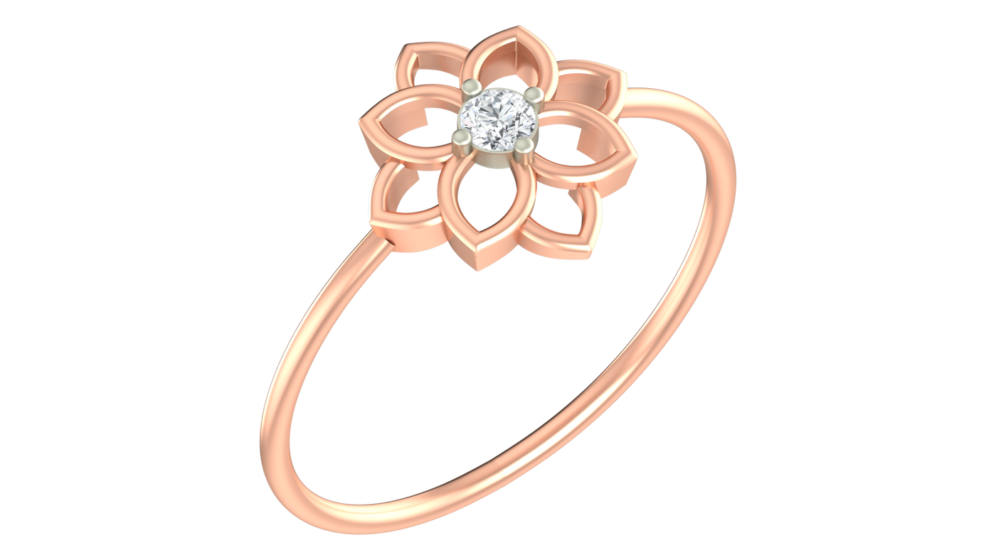 Rose gold ring with a diamond in the center on a white background