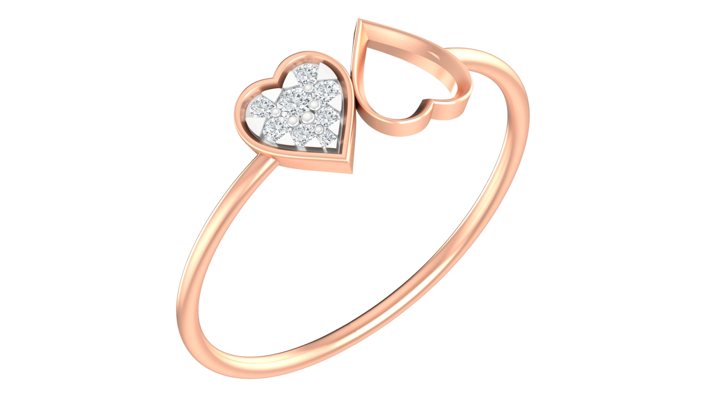 Rose gold heart-shaped ring with embedded diamonds on a white background