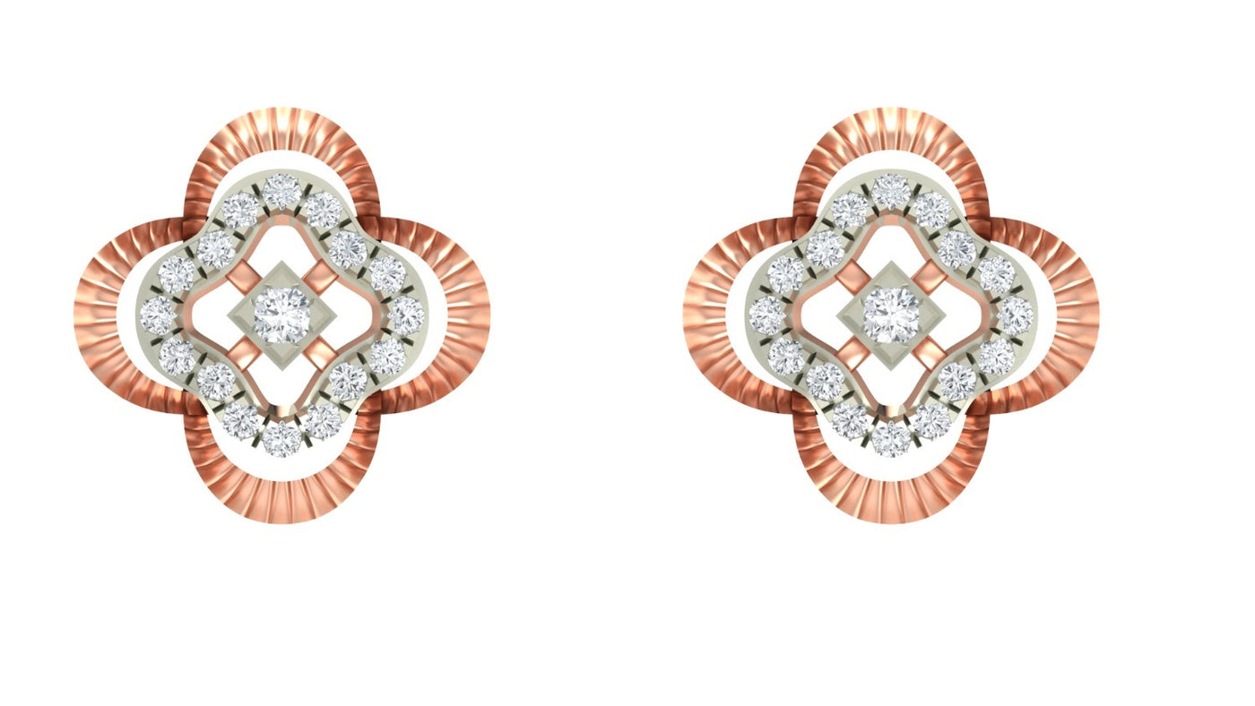 Pair of rose gold and diamond floral-shaped stud earrings on a white background