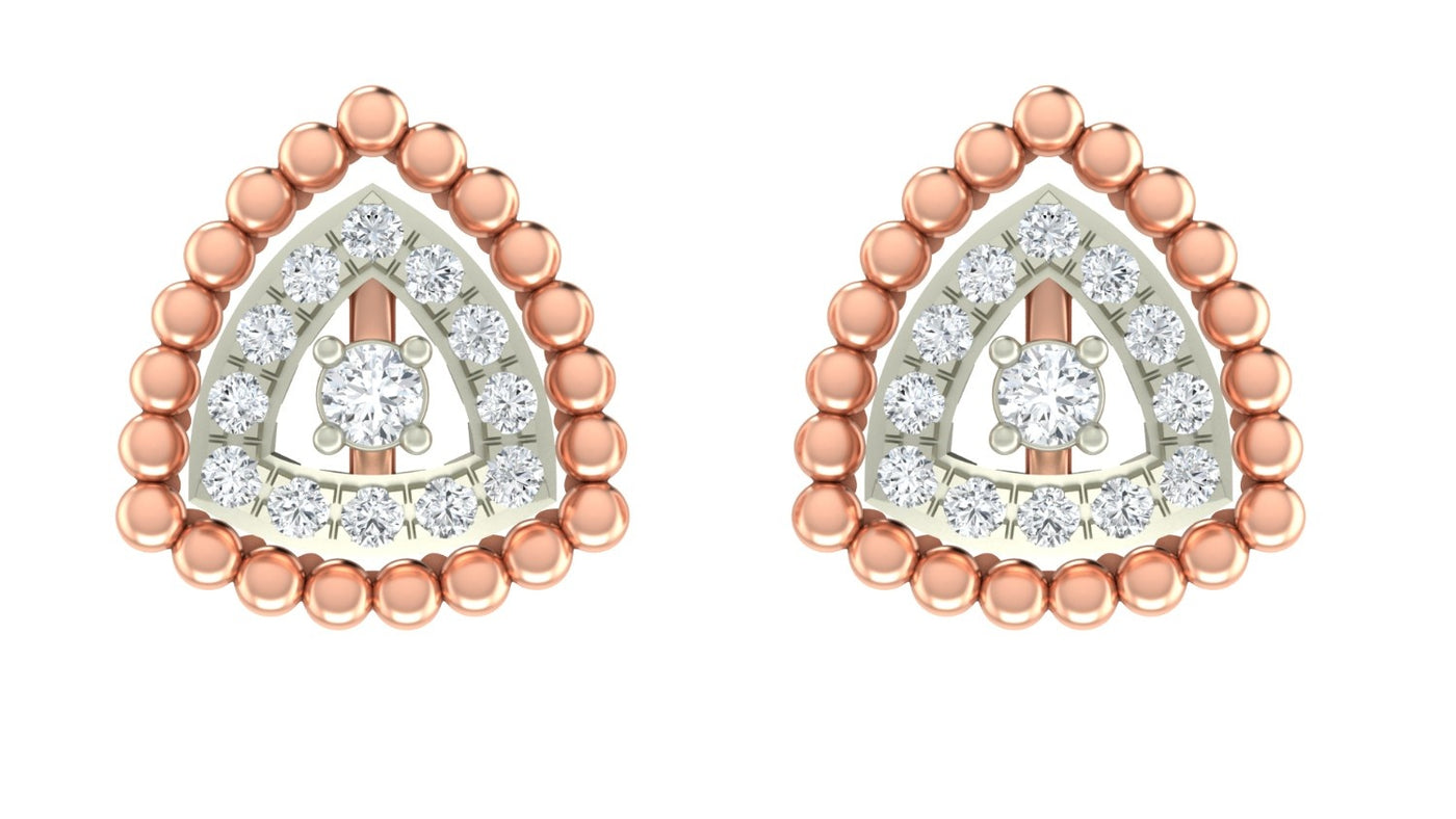 Pair of rose gold and diamond triangle halo stud earrings on a white background